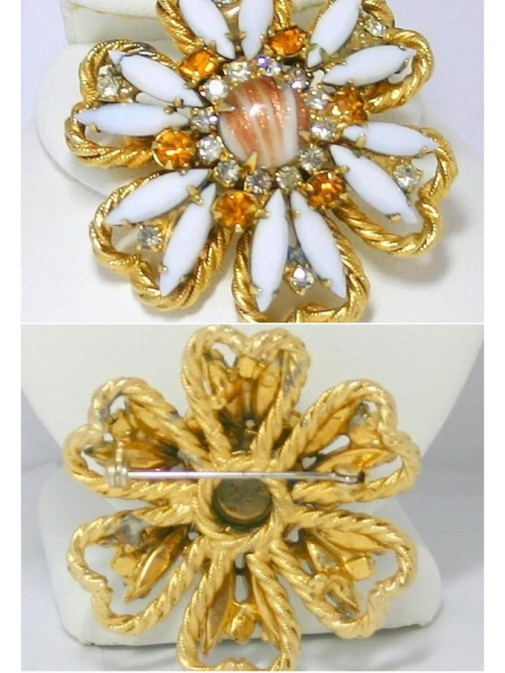 Verified Juliana D&E Brooch Gold Fluss Aventurine Milk Glass Topaz Rhinestone
